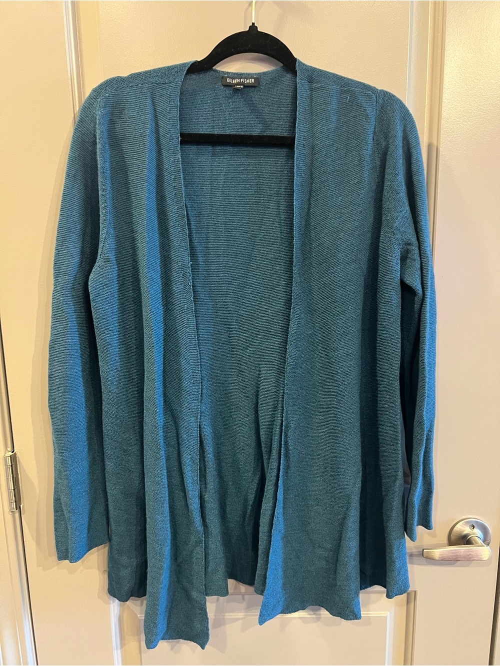 Eileen Fisher Teal Blue Wool Knit Open Cardigan Sweater Top